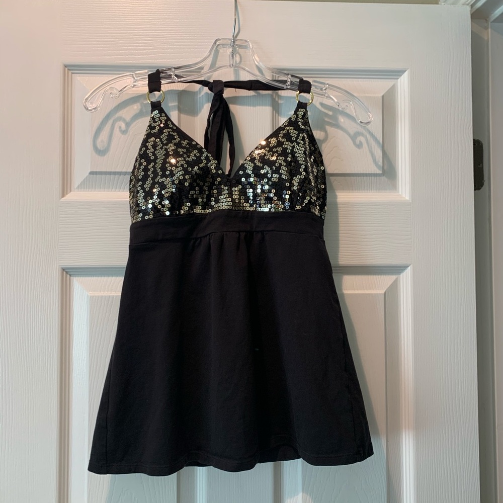 Black sequined tie neck halter bra top